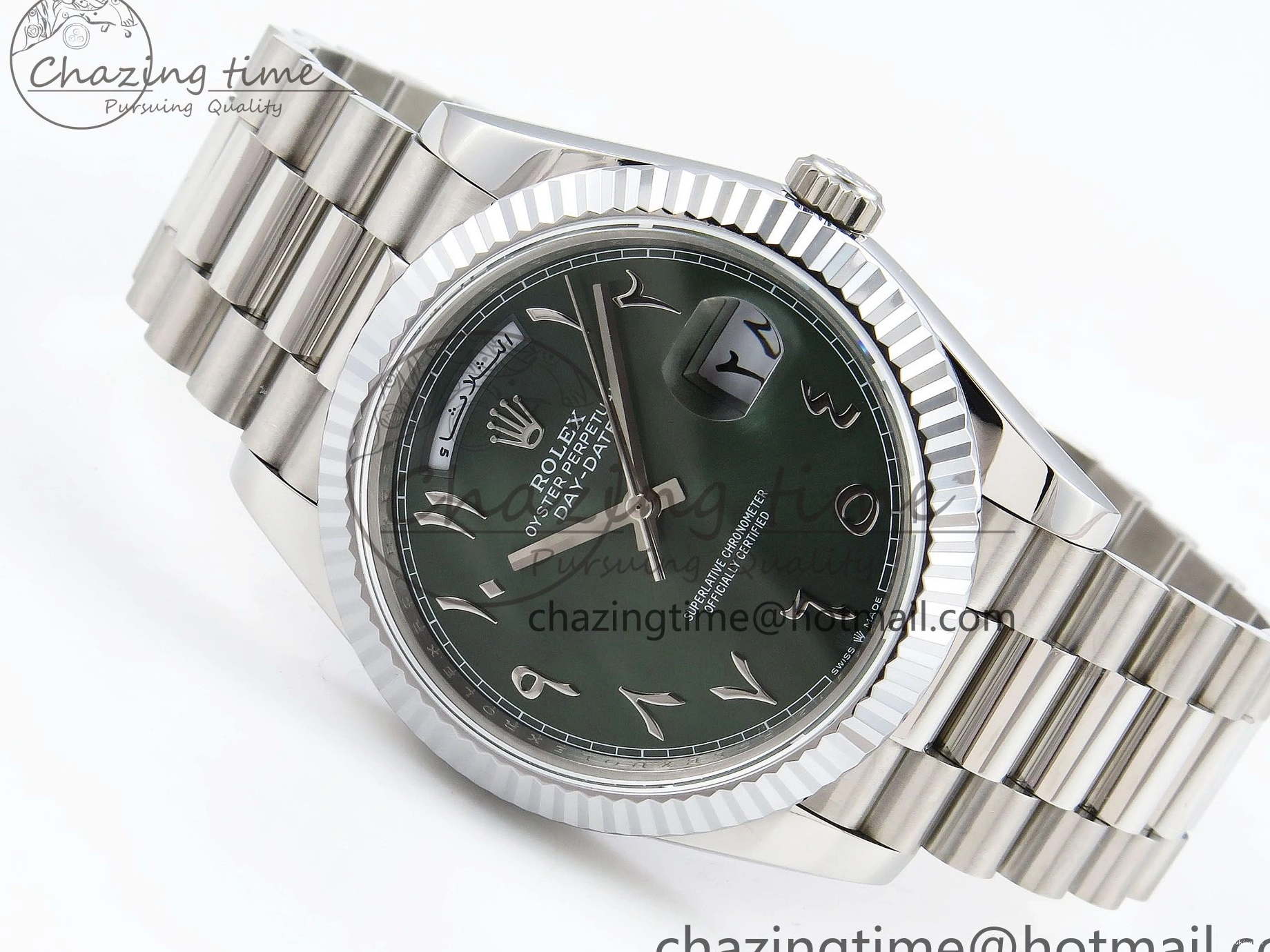 904L VR3255 DayDate SS President Green on Steel (Gain 40 Arabic Dial Weight) JDF Bracelet V3 0304
